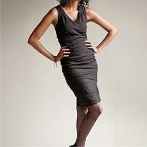 Eileen Fisher Cotton Steel Stretch Ruched Dress Black Metallic 12P